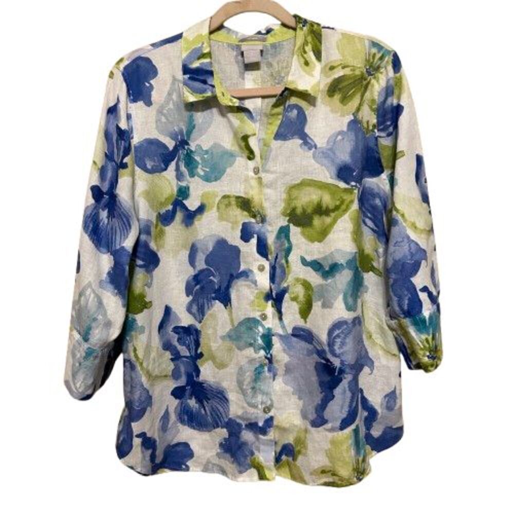Chico's No-Iron 100% Linen Button Up Travel Shirt Womens 2 Large Floral Coastal